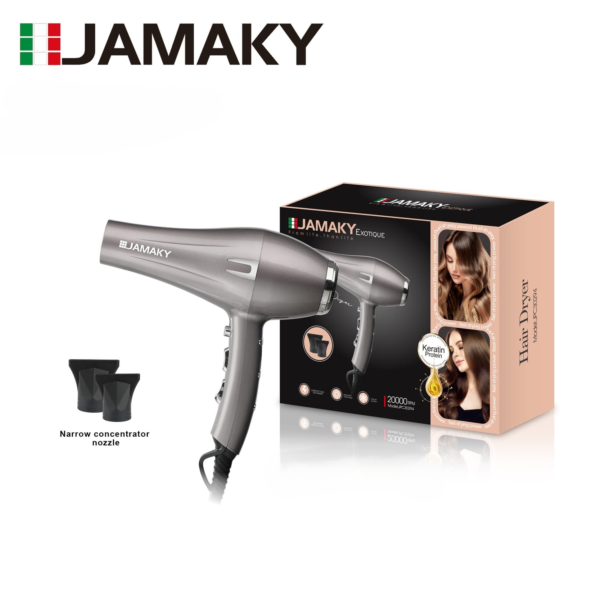 JAMAKY 1800W Hair Dryer – 35000 RPM DC Motor, Cool Air, 2 Speeds